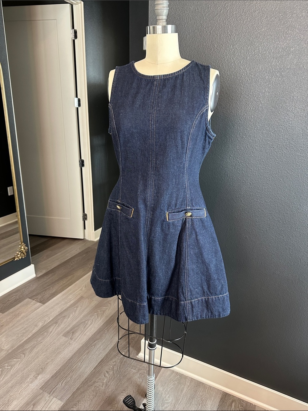 Dark Blue Denim Sleeveless Fit-and-Flare Dress brand new no tags